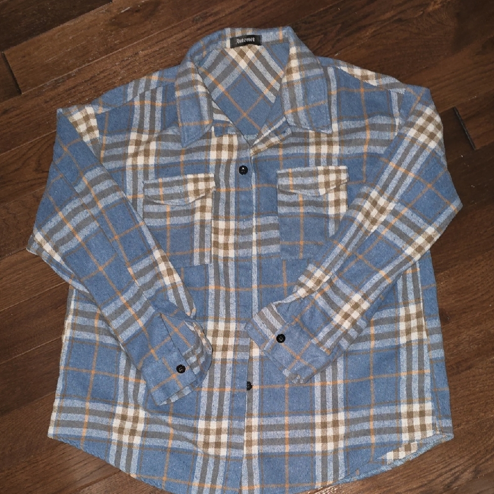 Blue and Tan Plaid Flannel Shirt Jacket